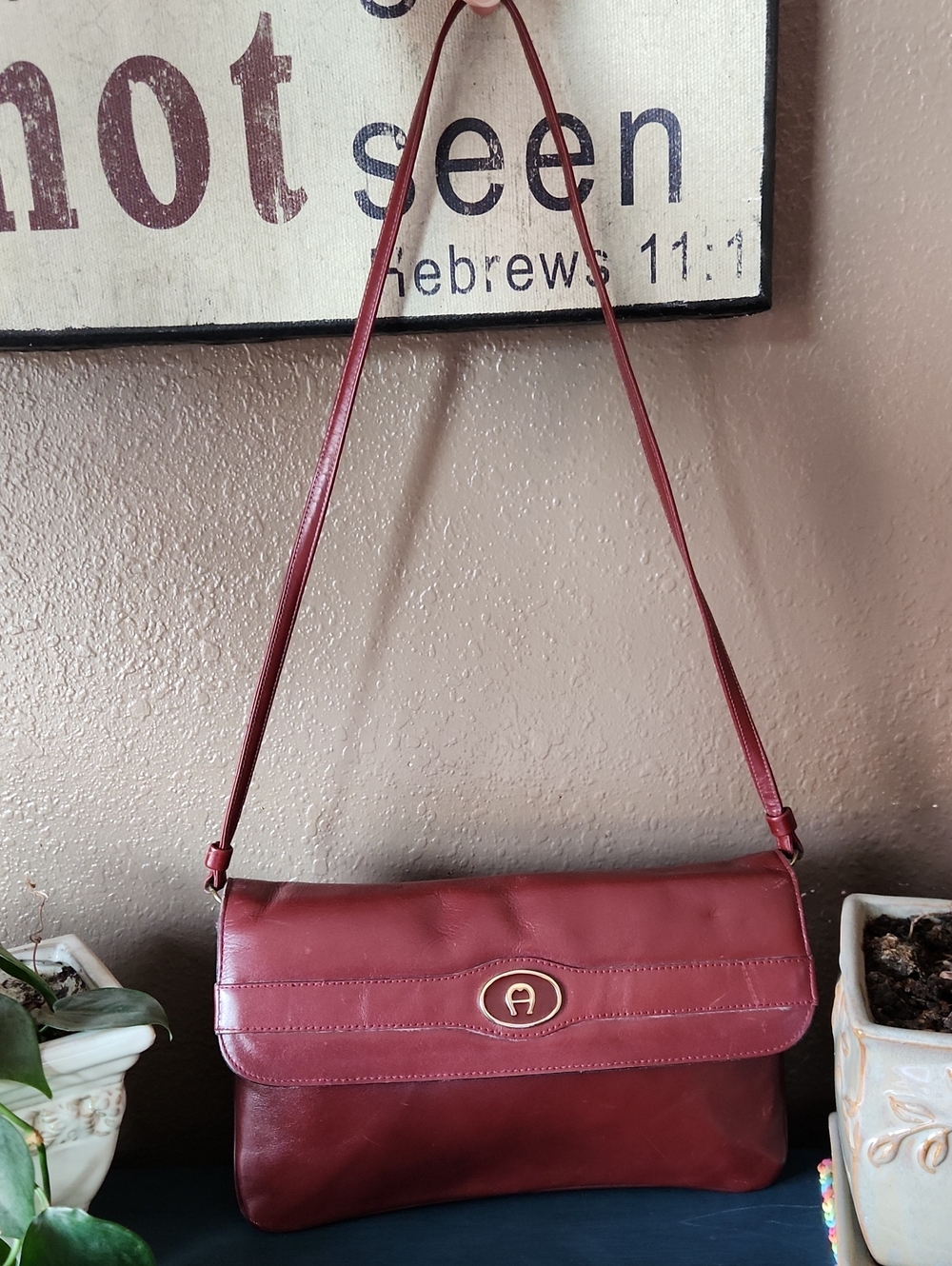 Etienne Aigner Vintage Burgundy Leather Shoulder Bag with Gold Logo